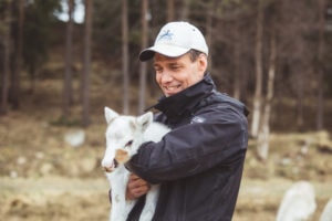 Juha Kujala pitää sylissään nuorta poron vasaa