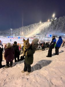 Henkilö ja koira katsomassa Ruka Nordic - tapahtumaa