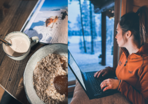 Etätyöskentelyä tietokoneella talvisissa maisemissa