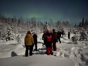 turistiryhmmä ihailemassa revontulia talvimaisemissa