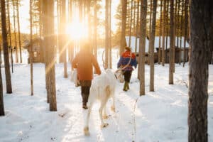 Henkilö taluttaa poroa